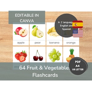 Cartes de fruits et légumes, cartes flash Montessori, images réelles, cartes flash en anglais et en espagnol, cartes imprimables PDF, maternelle, jouets