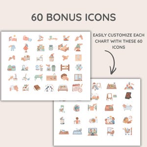 Puede incluir: Dos hojas de papel con iconos ilustrados. La hoja superior tiene 60 iconos de bonificaci&oacute;n, con im&aacute;genes de camas, productos de limpieza y otros art&iacute;culos para el hogar. La segunda hoja tiene iconos de un parque infantil, bloques y una ba&ntilde;era.