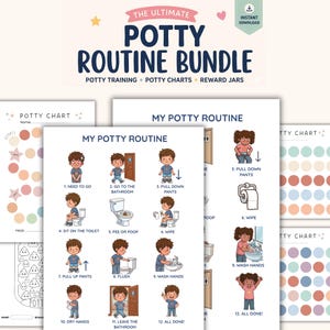 May include: A collection of printable potty training aids. The central image is a "Potty Routine" chart with illustrated steps. Other elements include potty charts and reward jars, all with a soft, colourful design. The text reads "The Ultimate Potty Routine Bundle."