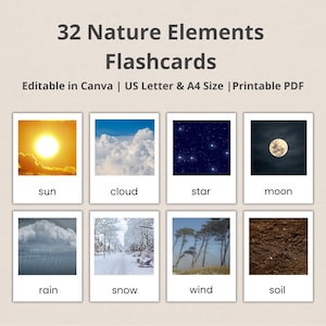 Nature elements Flash cards, Montessori materials, Real pictures, Homeschool flashcards, Preschool, Toddler, PDF Printable cards, Autism