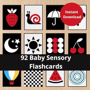 92 tarjetas sensoriales imprimibles para bebés, tarjeta de alto contraste para recién nacidos, estimulación visual, tarjetas negras, blancas y rojas, visión del recién nacido, descarga instantánea