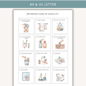 May include: A white bathroom clean up checklist printed on paper with the text A4 & US LETTER at the top. The grid contains twelve illustrated tasks with checkboxes, including putting clothes in a hamper, hanging towels, and cleaning the toilet area.