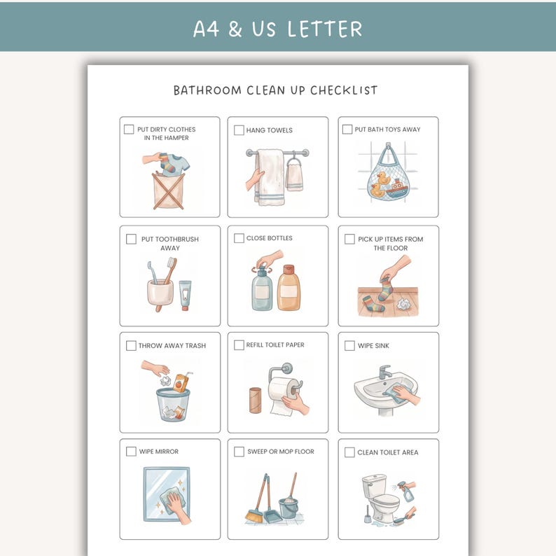 May include: A white bathroom clean up checklist printed on paper with the text A4 & US LETTER at the top. The grid contains twelve illustrated tasks with checkboxes, including putting clothes in a hamper, hanging towels, and cleaning the toilet area.