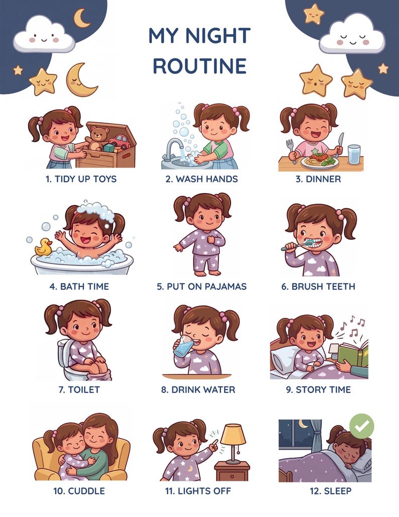 Puede incluir: Una ilustraci&oacute;n colorida titulada "MI RUTINA NOCTURNA" muestra la rutina de la hora de acostarse de un ni&ntilde;o. Los pasos incluyen ordenar los juguetes, lavarse las manos, cenar, ba&ntilde;arse, ponerse el pijama, cepillarse los dientes, ir al ba&ntilde;o, beber agua, leer un cuento, abrazar, apagar las luces y dormir.