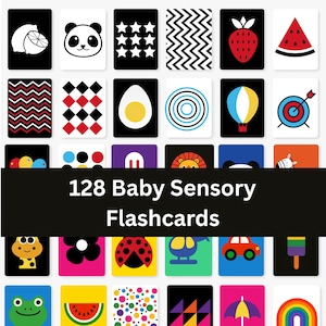 Puede incluir: Un conjunto de 128 tarjetas sensoriales para bebés. Las tarjetas muestran imágenes en blanco y negro de frutas, animales y patrones geométricos. Otras tarjetas tienen ilustraciones coloridas de una mariquita, un coche y un arcoíris. Se muestra el texto "128 Baby Sensory Flashcards".