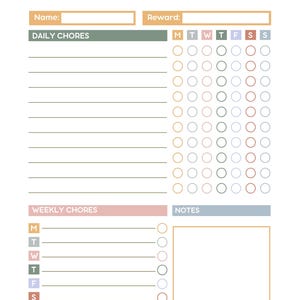 May include: A pastel-colored chore chart with the text "MY CHORE CHART" at the top. It includes sections for daily and weekly chores, with spaces for names, rewards, and notes. Checkboxes are provided for each day of the week.