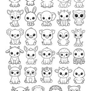 Puede incluir: Ilustración en blanco y negro de varios animales lindos, incluyendo un gato, perro, rana, zorro, oso, ciervo, conejo, elefante, dragón, búho, koala, pato, cerdo, pingüino, jirafa, cabra, burro, mono, oveja, tortuga, llama, panda, unicornio, vaca, pollito, ajolote, león, erizo y mapache.