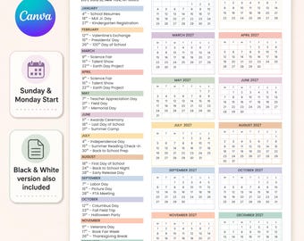 May include: A 2027 yearly calendar template featuring a school name header, address, and monthly grids. The layout includes a list of school events, color-coded month headers, and notes indicating Sunday and Monday start options and a black and white version.