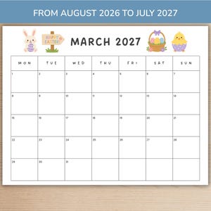 May include: A March 2027 calendar page featuring a white background with black grid lines and text. The top section displays a light brown bunny, a wooden sign reading HAPPY EASTER, a basket of colorful eggs, and a yellow chick in a purple egg.