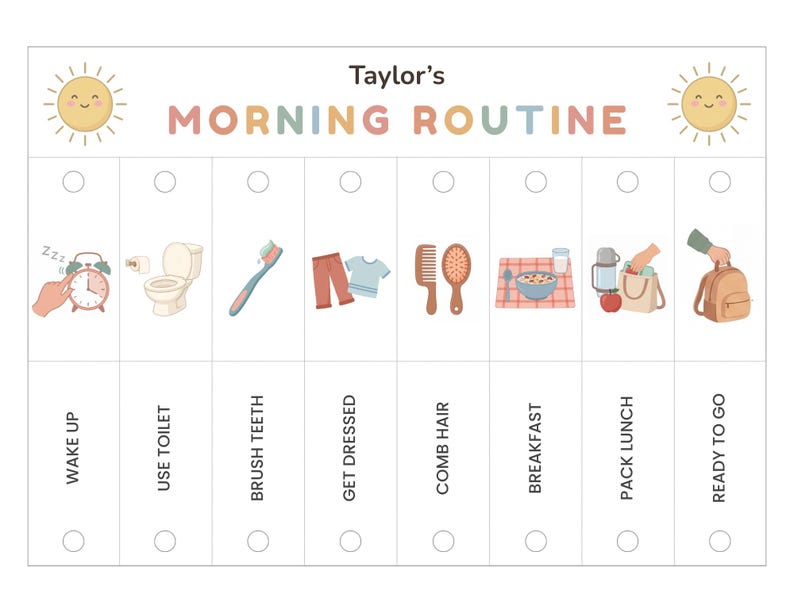 Puede incluir: Un cuadro de rutina matutina blanco con el texto "Taylor's Morning Routine" en colores pastel. El cuadro incluye ilustraciones para despertar, usar el inodoro, cepillarse los dientes, vestirse, peinarse, desayunar, preparar el almuerzo y listo para irse.
