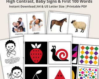 Puede incluir: Un conjunto de tarjetas didácticas para bebés con imágenes y texto de alto contraste. Las tarjetas incluyen imágenes de un caballo, una oveja, una fresa, un caracol y patrones geométricos. El texto incluye "mamá", "papá" e instrucciones de signos.