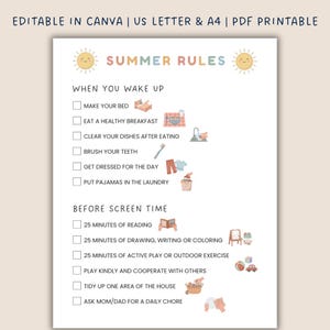 May include: A printable PDF checklist titled "Summer Rules" with a light beige background. The checklist includes tasks like making your bed, eating breakfast, and brushing teeth. The text is in a playful font, and the design includes sun illustrations.