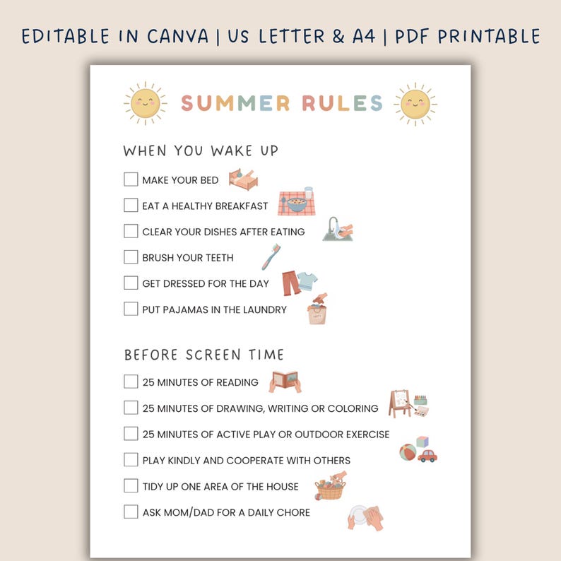 May include: A printable PDF checklist titled "Summer Rules" with a light beige background. The checklist includes tasks like making your bed, eating breakfast, and brushing teeth. The text is in a playful font, and the design includes sun illustrations.
