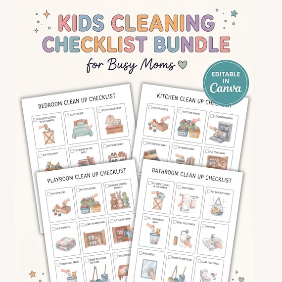 Cleaning Checklist for kids, Bathroom, Tidying Checklists, Kids Chore Chart, Kids Chore List, Kids Daily Routines, Kids Weekly Chores