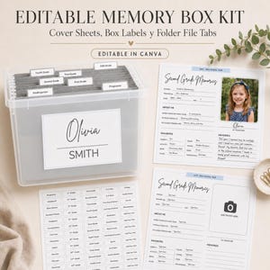 May include: An editable memory box kit featuring a clear plastic storage bin filled with gray hanging file folders labeled by grade level, a personalized name label, a sheet of adhesive labels, and two printed school memory record sheets.