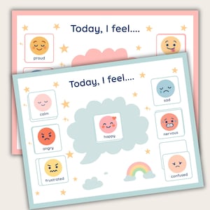 Peut inclure: Deux impressions de tableaux d'émotions avec le texte "Today, I feel..." et diverses émotions illustrées comme "happy", "sad" et "angry". Les tableaux ont une bordure bleu clair et rose avec des étoiles et des nuages.