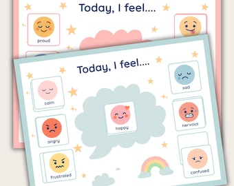 Könnte beinhalten: Zwei Emotionstafel-Drucke mit dem Text "Today, I feel..." und verschiedenen illustrierten Gefühlen wie "happy", "sad" und "angry". Die Tafeln haben einen hellblauen und rosa Rand mit Sternen und Wolken.