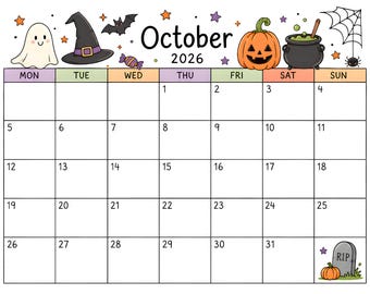 Printable October 2026 Calendar, Editable Calendar, Halloween, School Calendar, Homeschool Calendar, Back to School