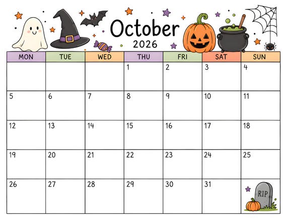Printable October 2026 Calendar, Editable Calendar, Halloween, School Calendar, Homeschool Calendar, Back to School