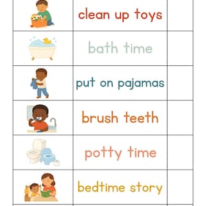 May include: A colorful night checklist with illustrations and text. The checklist includes tasks like cleaning up toys, bath time, putting on pajamas, brushing teeth, potty time, bedtime story, and goodnight kiss. A moon and star are at the top.