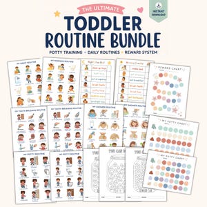 May include: A collection of printable toddler routine charts and reward systems. The bundle includes charts for morning, night, and potty routines, plus reward charts. The image text reads "The Ultimate Toddler Routine Bundle."