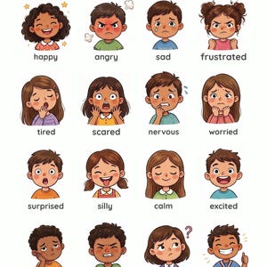 Op de afbeelding: Een kleurrijke illustratie met de tekst "It's Okay to Feel..." toont 16 cartoonkinderen die verschillende emoties uitdrukken. Elk kind is gelabeld met een bijbehorende emotie, zoals blij, boos, verdrietig en opgewonden.