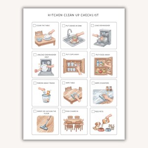 May include: A white Kitchen Clean Up Checklist poster featuring twelve illustrated squares with checkboxes. Each square depicts a household task including clearing the table, loading the dishwasher, putting away food, wiping counters, and feeding pets.