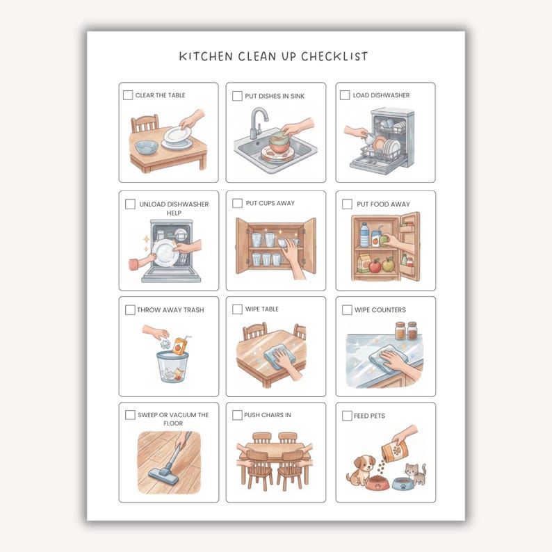 May include: A white Kitchen Clean Up Checklist poster featuring twelve illustrated squares with checkboxes. Each square depicts a household task including clearing the table, loading the dishwasher, putting away food, wiping counters, and feeding pets.