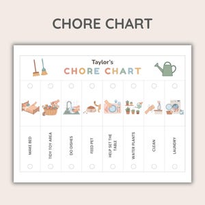 Puede incluir: Un gr&aacute;fico de tareas blanco con el texto "CHORE CHART" en la parte superior. El gr&aacute;fico incluye ilustraciones para tareas como hacer la cama, lavar los platos y lavar la ropa. Tambi&eacute;n est&aacute; presente el texto "Taylor's CHORE CHART".