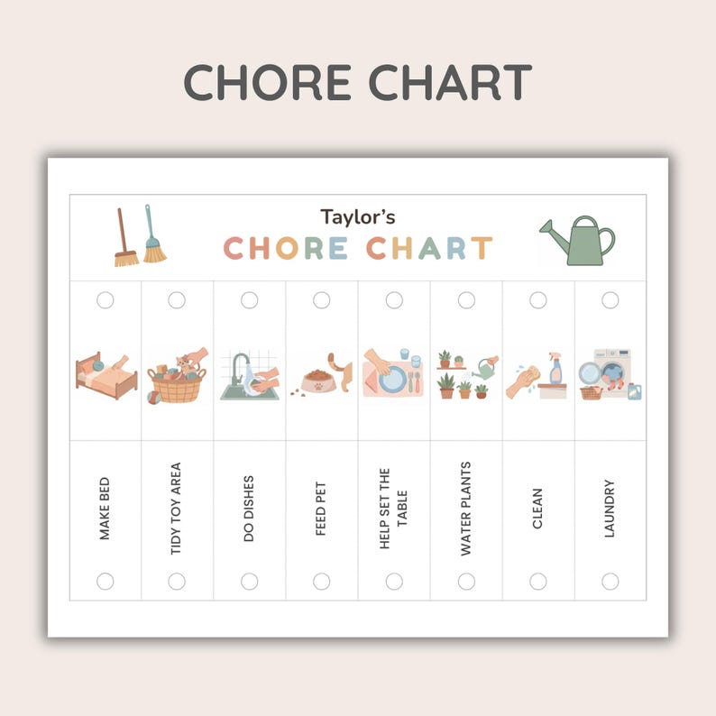 Puede incluir: Un gr&aacute;fico de tareas blanco con el texto "CHORE CHART" en la parte superior. El gr&aacute;fico incluye ilustraciones para tareas como hacer la cama, lavar los platos y lavar la ropa. Tambi&eacute;n est&aacute; presente el texto "Taylor's CHORE CHART".