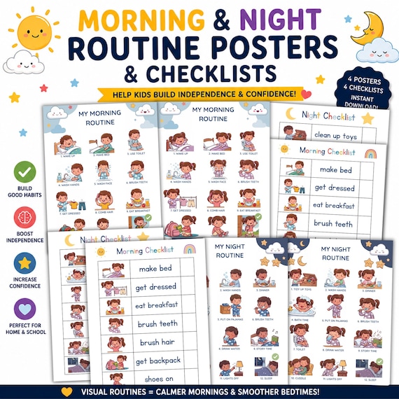 Morning and Night Routine Visual Schedule for Kids | Printable Routine Charts and Checklists | Boys and Girls | ADHD, Autism, Preschool