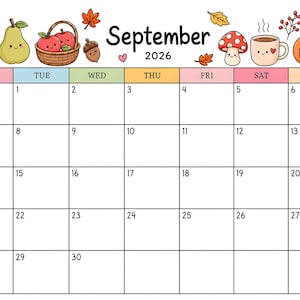 May include: A September 2026 calendar page featuring a grid layout with colorful headers for each day of the week. The top border is decorated with cute, illustrated autumn icons including a sunflower, pear, apple basket, acorn, mushroom, coffee mug, and pumpkin.