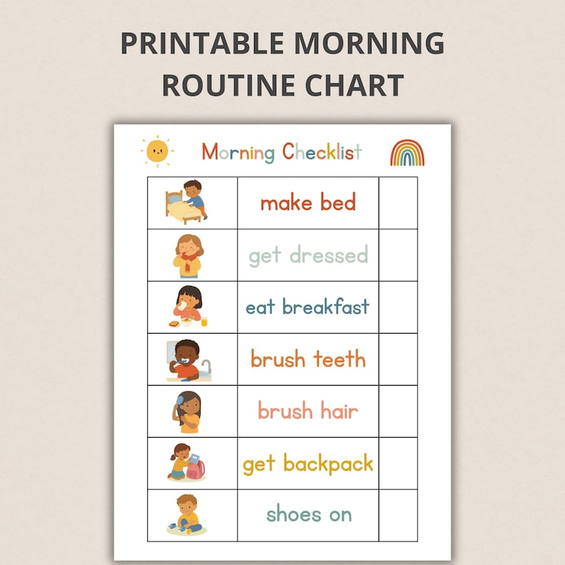 May include: A printable morning routine chart with a sun and rainbow graphic. The chart includes a checklist with illustrations for tasks like making the bed, getting dressed, eating breakfast, brushing teeth and hair, getting a backpack, and putting shoes on.