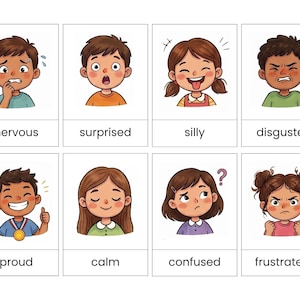 May include: A set of eight rectangular cards featuring cartoon illustrations of children expressing various emotions. Each card displays a character and the corresponding text: nervous, surprised, silly, disgusted, proud, calm, confused, and frustrated.