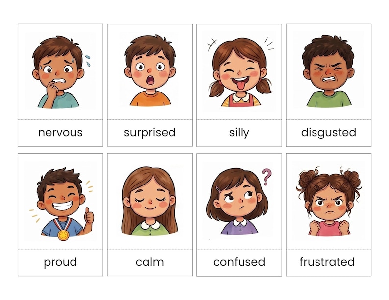 May include: A set of eight rectangular cards featuring cartoon illustrations of children expressing various emotions. Each card displays a character and the corresponding text: nervous, surprised, silly, disgusted, proud, calm, confused, and frustrated.