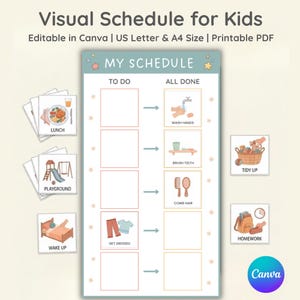 Könnte beinhalten: Ein visueller Zeitplan für Kinder mit dem Text "Visual Schedule for Kids" und "My Schedule". Der Zeitplan enthält Illustrationen für Aufgaben wie Mittagessen, Spielplatz, Aufwachen, Händewaschen, Zähneputzen, Haare kämmen, Aufräumen und Hausaufgaben.