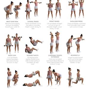 Rutina con mancuernas para mujeres, entrenamiento de cuerpo completo con mancuernas (PDF), plan imprimible, ejercicios rápidos y fáciles para todo el cuerpo.