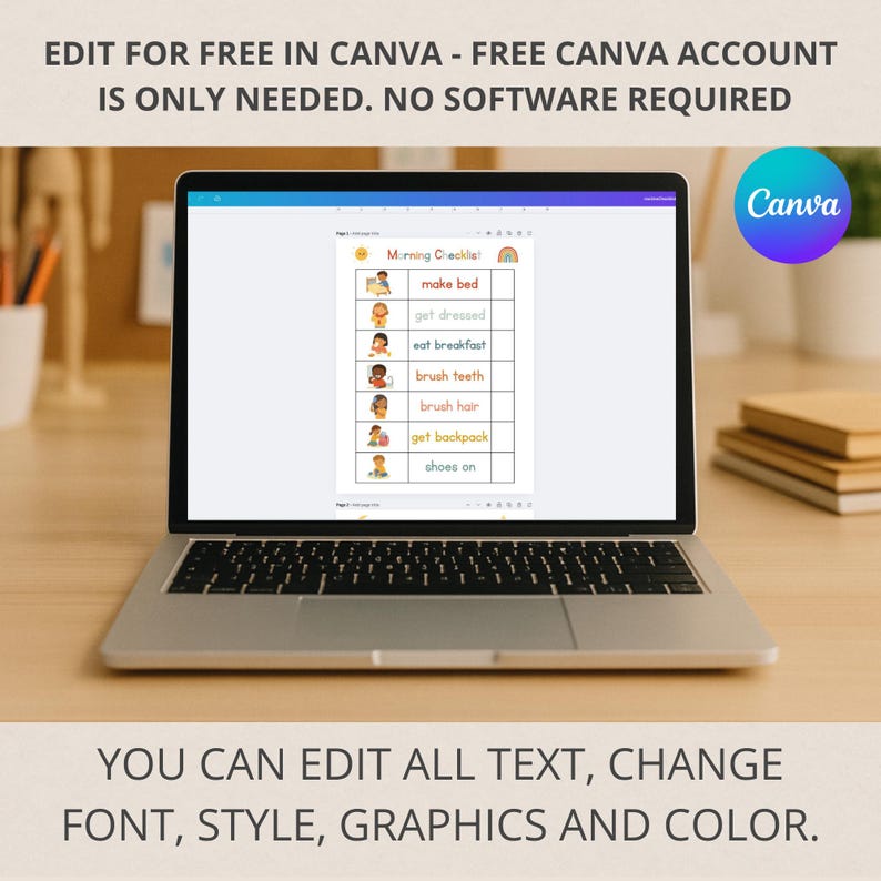 May include: A laptop displays a morning checklist template with illustrations and text. The checklist includes tasks like "make bed" and "brush teeth." The Canva logo is visible. Text at the top reads "Edit for free in Canva." The bottom text says "You can edit all text."
