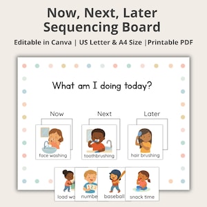 May include: A sequencing board with the text "Now, Next, Later Sequencing Board". The board includes illustrations for face washing, toothbrushing, and hair brushing. Additional illustrations show activities like loading water, numbers, baseball, and snack time.