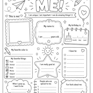 Può includere: Un foglio di attività stampabile in bianco e nero intitolato ALL ABOUT ME! con sezioni per dettagli personali, cose preferite e obiettivi. La pagina include illustrazioni di una stella, matita, aeroplanino di carta, palloncino e torta, con vari riquadri e righe.