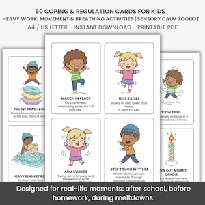 Könnte beinhalten: Ein Set mit Bewältigungs- und Regulationskarten für Kinder. Die Karten zeigen farbenfrohe Illustrationen von Kindern, die verschiedene Aktivitäten ausführen, wie z. B. auf der Stelle marschieren, Fersenheben und Armschwingen. Text auf den Karten gibt Anweisungen für jede Aktivität. Die Karten sind für den Einsatz nach der Schule, vor den Hausaufgaben und während eines Zusammenbruchs konzipiert.