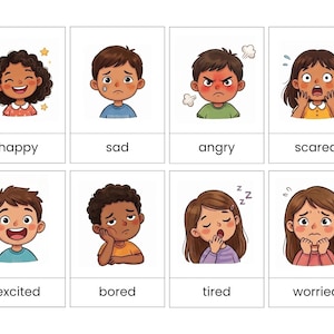 May include: A set of eight educational cards featuring cartoon illustrations of children expressing various emotions. Each card displays a character and the corresponding text label: happy, sad, angry, scared, excited, bored, tired, and worried.