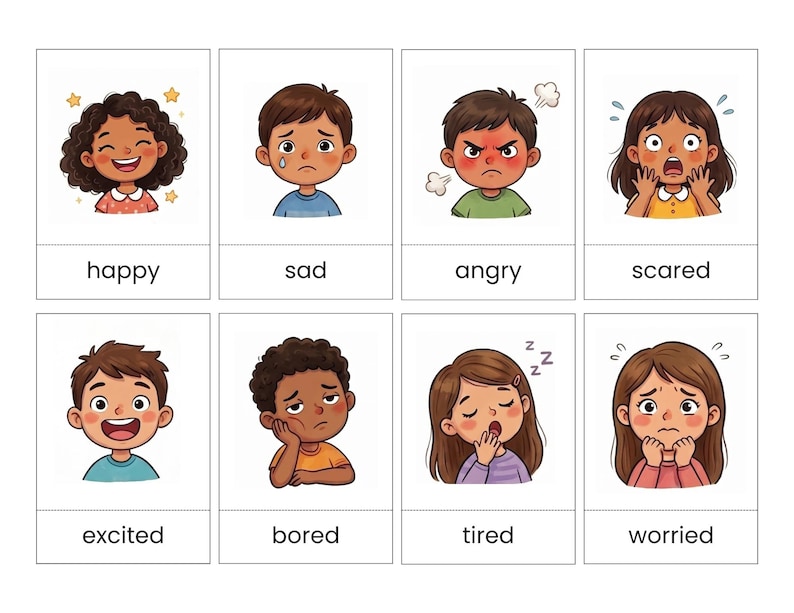 May include: A set of eight educational cards featuring cartoon illustrations of children expressing various emotions. Each card displays a character and the corresponding text label: happy, sad, angry, scared, excited, bored, tired, and worried.