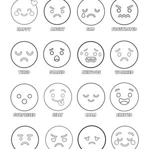 May include: Black and white illustration with the text "TODAY I AM FEELING..." featuring 16 different emoji faces, each representing a different emotion such as happy, angry, sad, and excited.