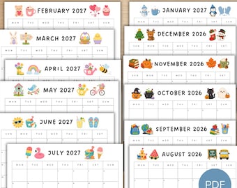 Calendario modificabile 2026/2027 per bambini, Calendario 2026/2027, Calendario carino, Calendario per l'homeschooling, Calendario mensile stampabile per bambini in PDF