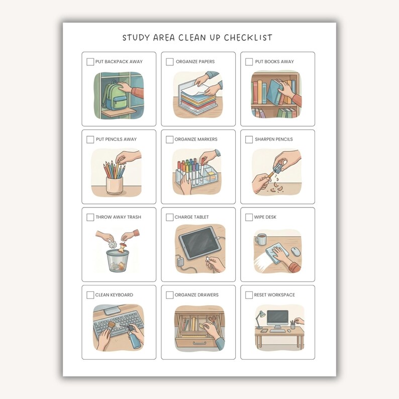 May include: A white study area clean up checklist featuring twelve illustrated tasks with checkboxes. The tasks include putting away backpacks, books, and pencils, organising papers, markers, and drawers, sharpening pencils, throwing away rubbish, charging a tablet, wiping a desk, cleaning a keyboard, and resetting the workspace.