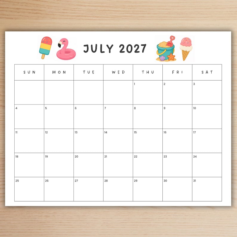 May include: A July 2027 monthly calendar page featuring a grid layout with black text and lines. The header includes illustrations of a colorful popsicle, a pink flamingo float, a blue sand bucket with a shovel, and a pink ice cream cone.