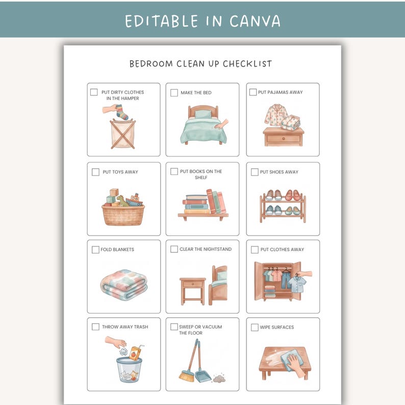 May include: A printable bedroom clean up checklist with the text EDITABLE IN CANVA at the top. The grid features twelve illustrated tasks including putting away clothes, making the bed, storing toys, organising books, and cleaning surfaces with checkboxes.
