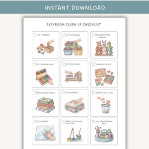 May include: A printable playroom clean up checklist featuring twelve illustrated tasks with checkboxes. Each square depicts activities like picking up blocks, organising stuffed animals, putting away books, folding blankets, and cleaning surfaces.