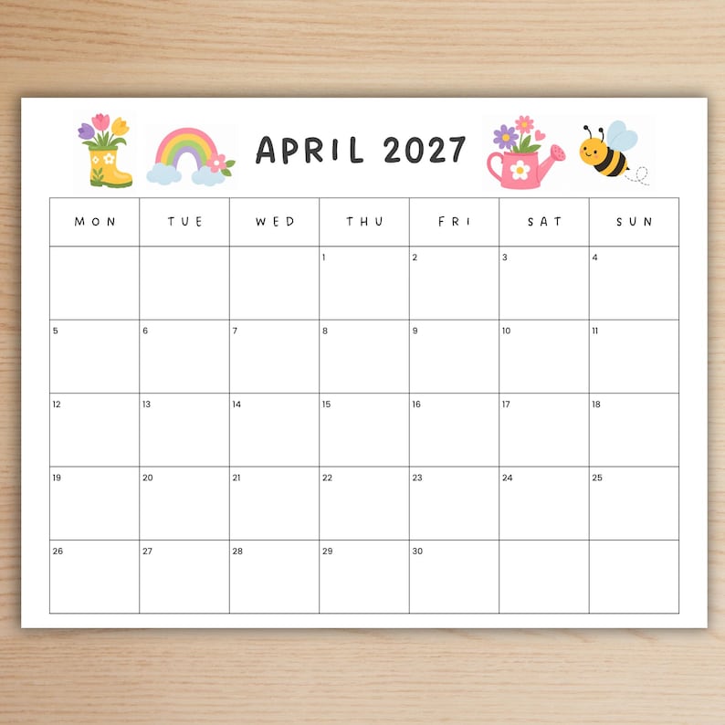 May include: A printable calendar page for April 2027 with a white background and black grid. The header features illustrations of a yellow rain boot with flowers, a rainbow, a pink watering can with flowers, and a bumblebee.